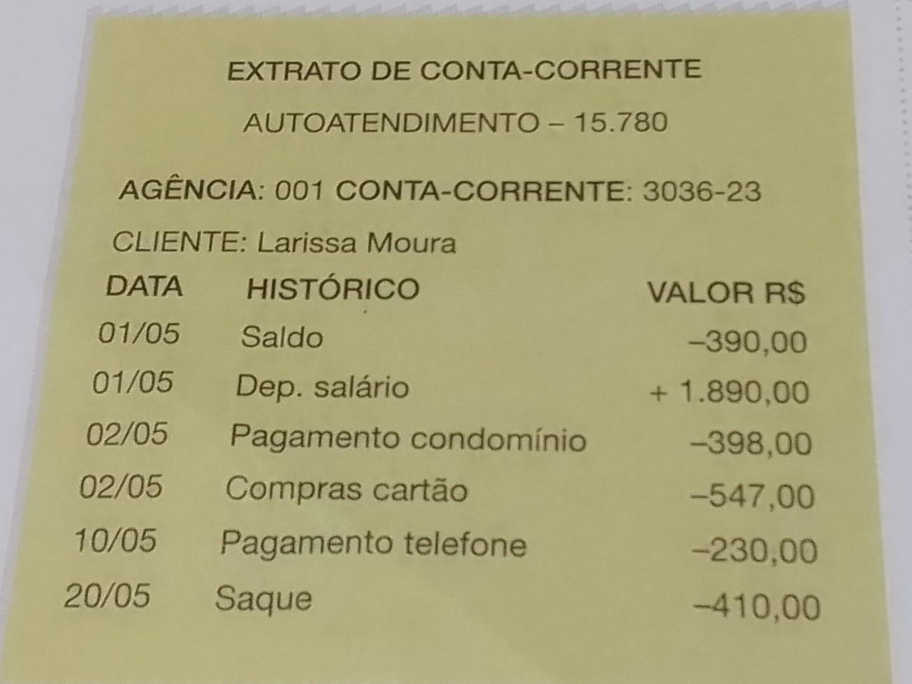 ME AJUDEM POR FAVOR!!Larissa tirou o extrato bancário no caixa eletrônico. Determine o saldo de - Brainly.com.br