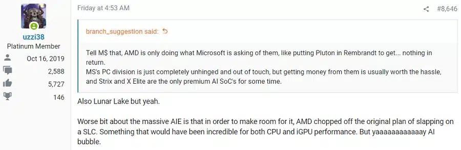 IA acusada de sacrificar desempenho em futuros chips Intel e AMD 1 Captura de tela de post em fórum comentando sobre o uso de NPUs em vez de SLC em APUs da AMD.