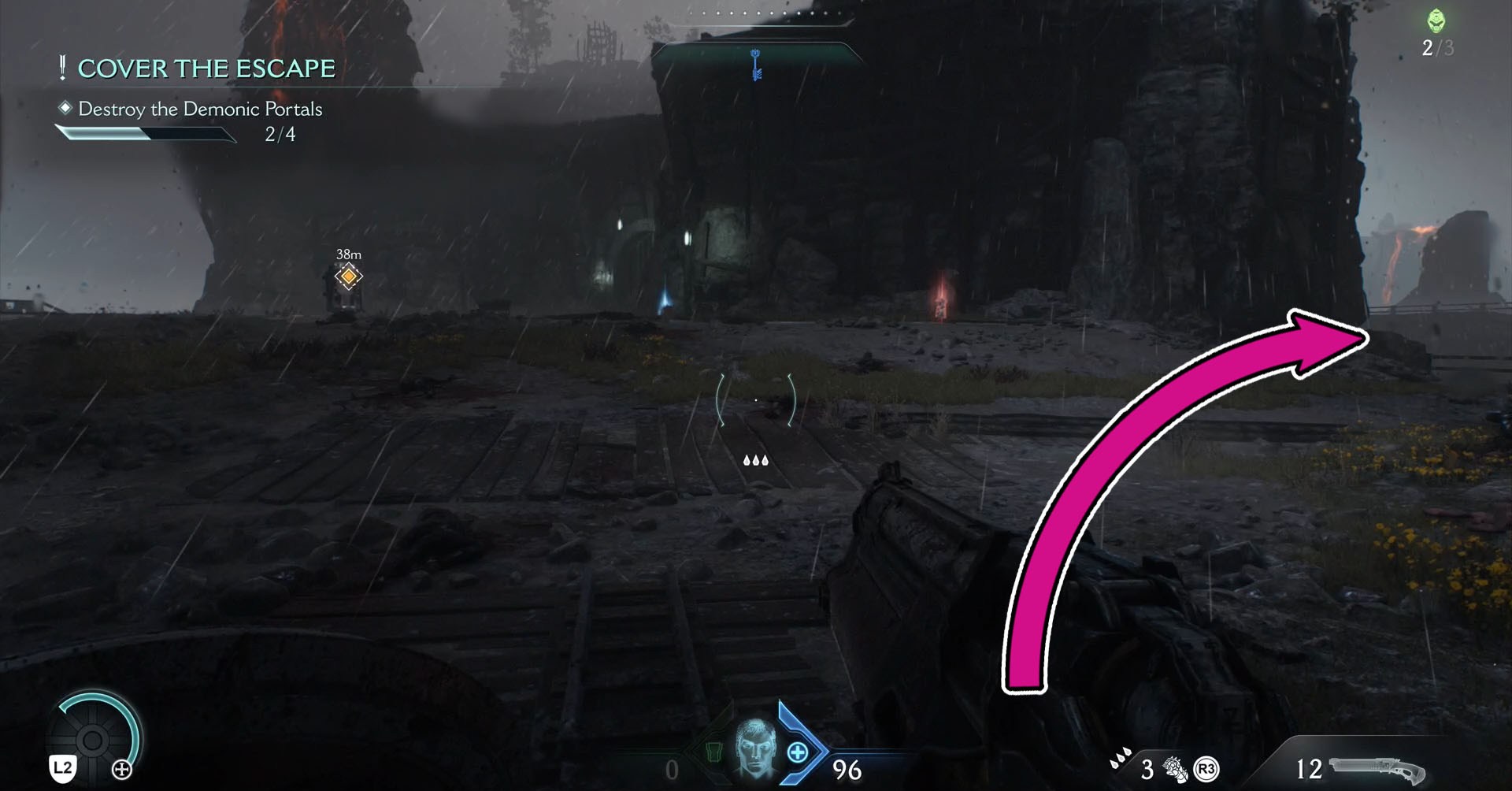 Uma captura de tela onde há um portão à sua esquerda. Uma seta indica que você deve virar à direita neste local para encontrar a borda de onde deve pular para chegar à sala onde está a Skin Pesadelo para a Espingarda de Combate. Uma captura de tela onde há um portão à sua esquerda. Uma seta indica que você deve virar à direita neste local para encontrar a borda de onde deve pular para chegar à sala onde está a Skin Pesadelo para a Espingarda de Combate.