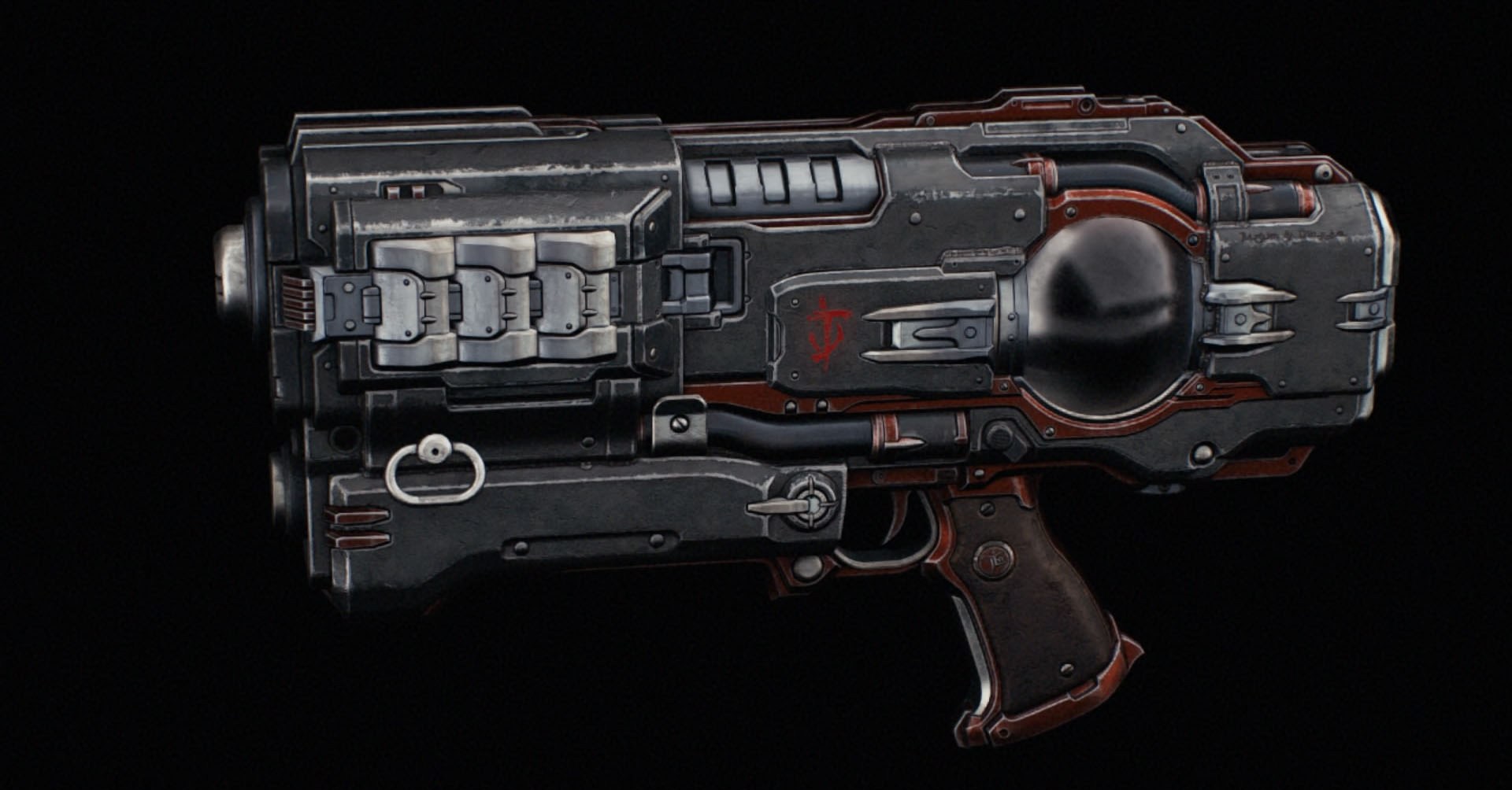 Uma pistola em tons de cinza e alguns detalhes em vermelho. Você vê uma esfera de vidro no corpo da pistola, que é onde o plasma aparece quando você a usa em Doom: The Dark Ages. Uma pistola em tons de cinza e alguns detalhes em vermelho. Você vê uma esfera de vidro no corpo da pistola, que é onde o plasma aparece quando você a usa em Doom: The Dark Ages.