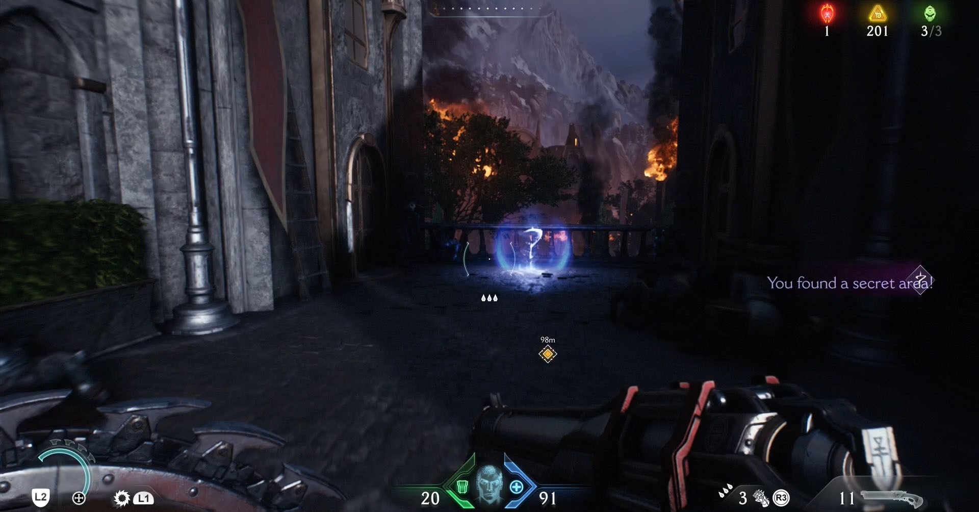 Uma captura de tela de Doom: The Dark Ages mostrando a perspectiva do jogador diante de uma esfera brilhante com um ponto de interrogação dentro. Uma captura de tela de Doom: The Dark Ages mostrando a perspectiva do jogador diante de uma esfera brilhante com um ponto de interrogação dentro.