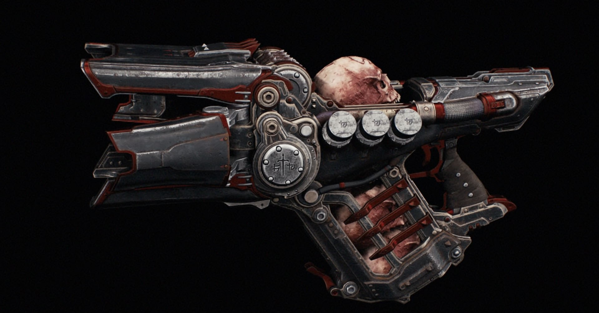 A skin Nightmsare do Pulverizer vem com detalhes em vermelho, enquanto o restante da arma é revestido em um cinza escuro sóbrio. Você pode ver caveiras em um slot esperando para serem esmagadas e usadas como munição para esta arma. A skin Nightmsare do Pulverizer vem com detalhes em vermelho, enquanto o restante da arma é revestido em um cinza escuro sóbrio. Você pode ver caveiras em um slot esperando para serem esmagadas e usadas como munição para esta arma.