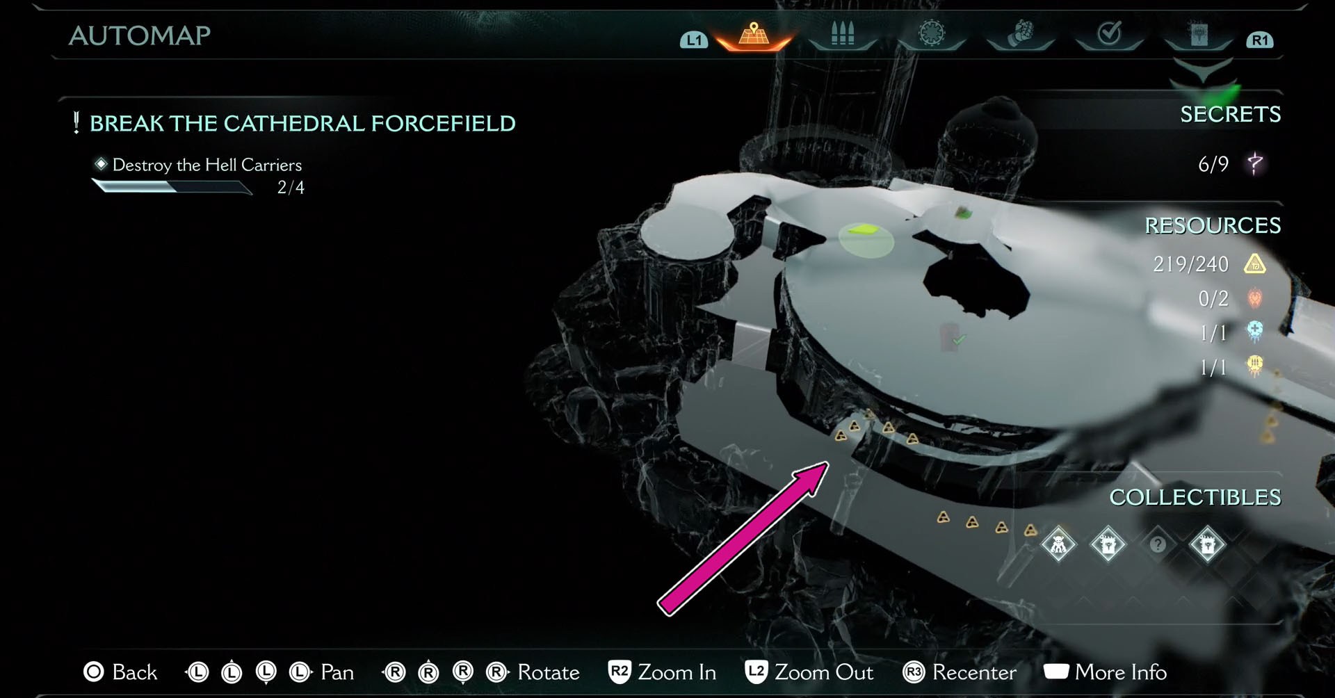 Um mapa da área inferior da Cidade Sagrada de Aratum em Doom: The Dark Ages. Uma seta rosa indica a entrada que você precisa encontrar para alcançar a pele do Pulverizador. Um mapa da área inferior da Cidade Sagrada de Aratum em Doom: The Dark Ages. Uma seta rosa indica a entrada que você precisa encontrar para alcançar a pele do Pulverizador.