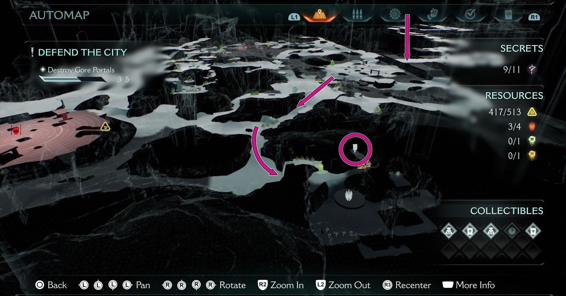 Uma captura de tela de Doom: The Dark Ages mostrando o mapa do Capítulo 6 Siege Parte 1. Há três setas mostrando o caminho para onde a skin Pesadelo está escondida neste capítulo. Uma captura de tela de Doom: The Dark Ages mostrando o mapa do Capítulo 6 Siege Parte 1. Há três setas mostrando o caminho para onde a skin Pesadelo está escondida neste capítulo.