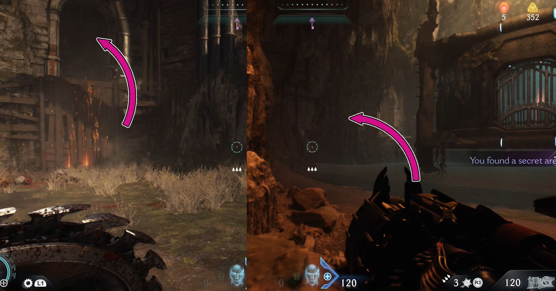 Duas imagens mostrando a entrada pela qual você deve subir para chegar à sala onde você tem acesso à skin Pesadelo do Empalador em Doom: The Dark Ages. Duas imagens mostrando a entrada pela qual você deve subir para chegar à sala onde você tem acesso à skin Pesadelo do Empalador em Doom: The Dark Ages.