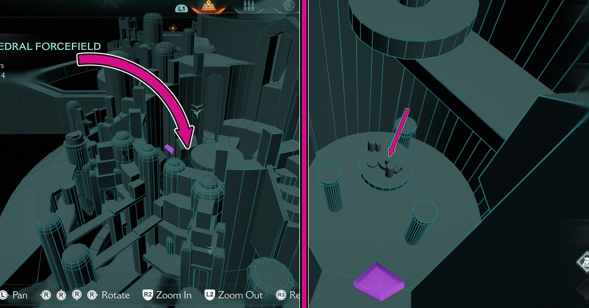 Uma montagem com duas imagens mostrando a localização do segundo ponto de pouso secreto em Doom: o capítulo 5 da Idade das Trevas. No lado esquerdo, uma seta rosa indica que é preciso ir para a parte mais baixa do mapa. No lado direito da imagem, vemos a representação 3D de uma área circular e três pilares ao seu redor. Uma montagem com duas imagens mostrando a localização do segundo ponto de pouso secreto em Doom: o capítulo 5 da Idade das Trevas. No lado esquerdo, uma seta rosa indica que é preciso ir para a parte mais baixa do mapa. No lado direito da imagem, vemos a representação 3D de uma área circular e três pilares ao seu redor.