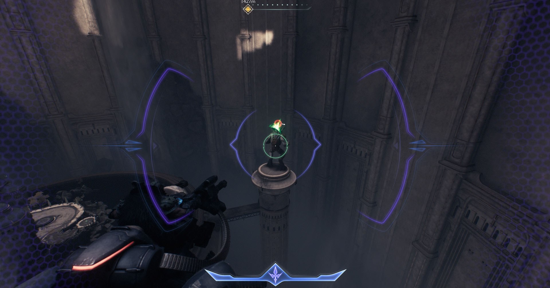 A imagem mostra um HUD que aparece quando você mira com seu dragão em Doom: a idade das trevas. O objetivo está trancado a um titã que está protegendo o segundo ponto de pouso secreto no capítulo 5 A imagem mostra um HUD que aparece quando você mira com seu dragão em Doom: a idade das trevas. O objetivo está trancado a um titã que está protegendo o segundo ponto de pouso secreto no capítulo 5