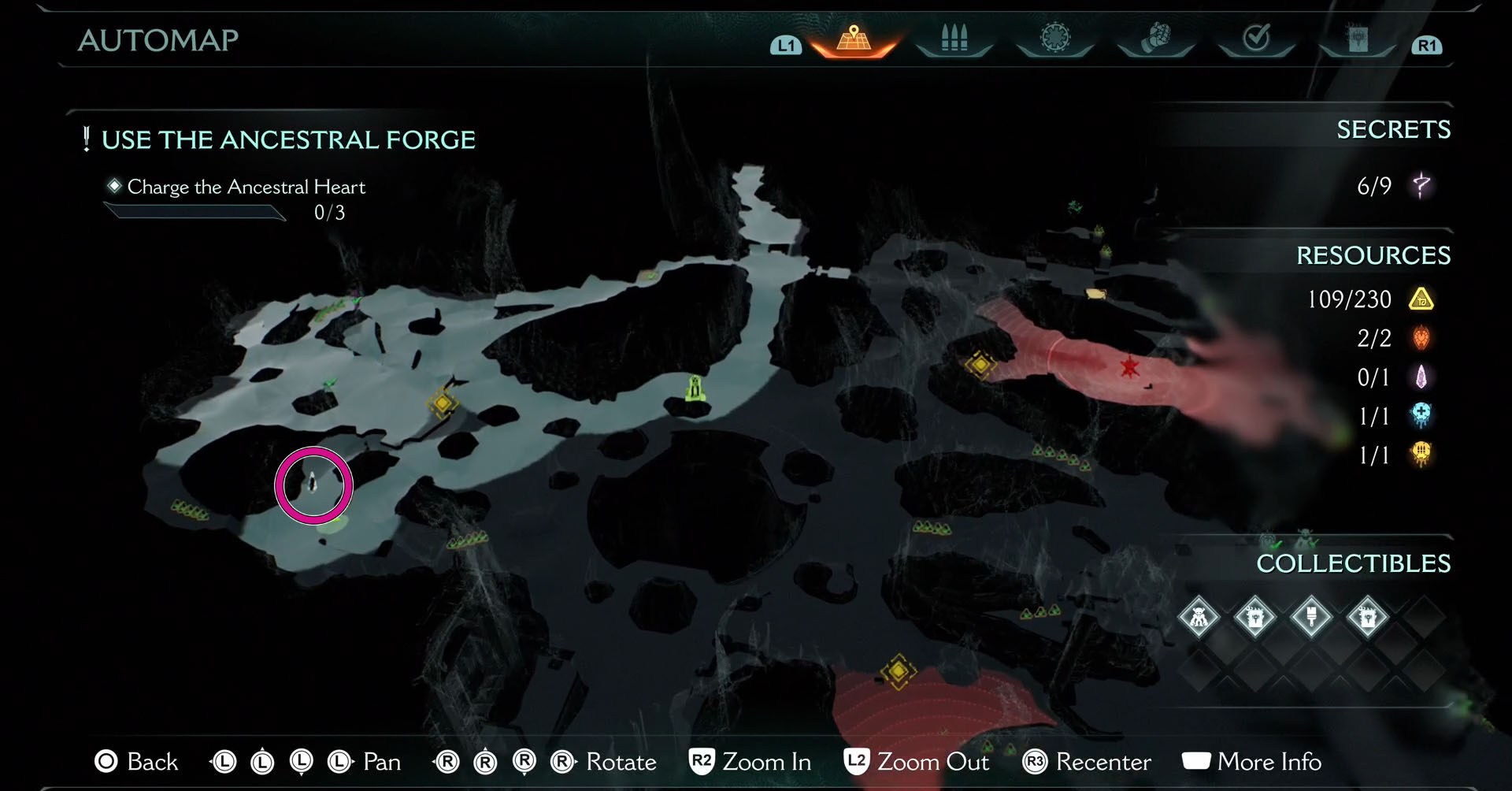 A imagem mostra o mapa de Doom: o Capítulo 9 da Idade das Trevas e a localização do Wraithstone, que você pode coletar quebrando três estátuas de lobo. A recompensa está localizada no lado esquerdo do mapa.