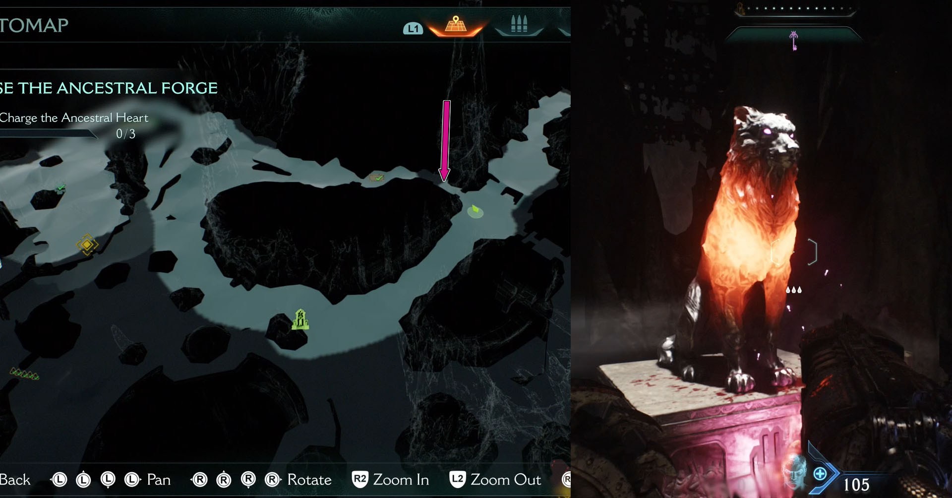 A imagem mostra parte de Doom: o mapa do capítulo 9 da Idade das Negidades e a localização da primeira estátua de lobo. Está próximo do segmento inicial do capítulo. Ao lado, ali uma foto de uma estátua de um lobo.