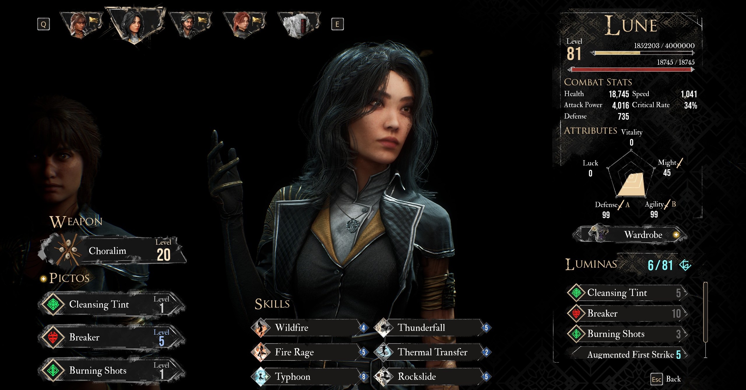 Um menu mostra as melhores construções de pictos e luminas para Lune em Clair Obscur Expedition 33 Um menu mostra as melhores construções de pictos e luminas para Lune em Clair Obscur Expedition 33