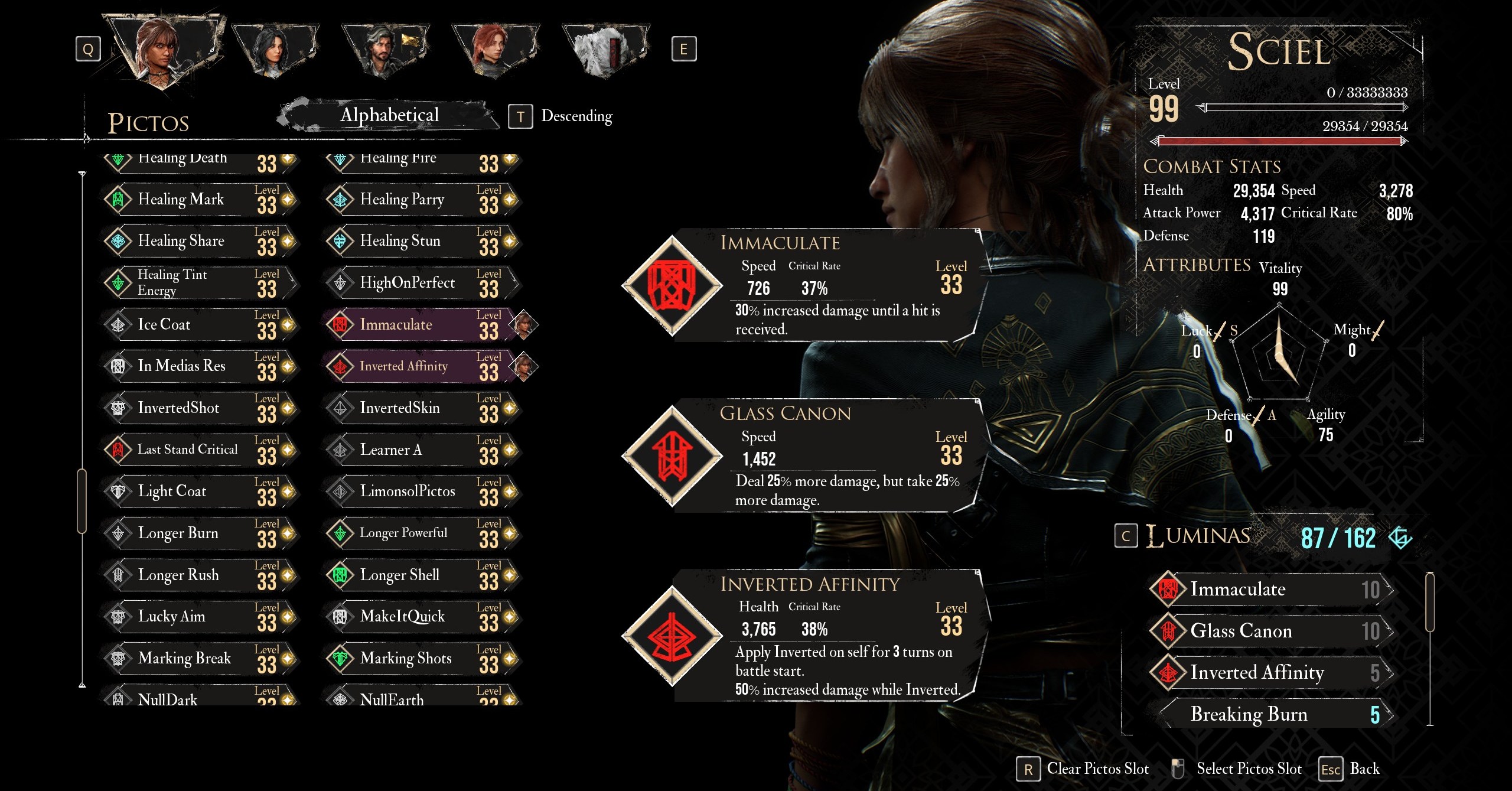 Um menu mostra os melhores pictos e luminas para Sciel em Clair Obscur Expedition 33 Um menu mostra os melhores pictos e luminas para Sciel em Clair Obscur Expedition 33