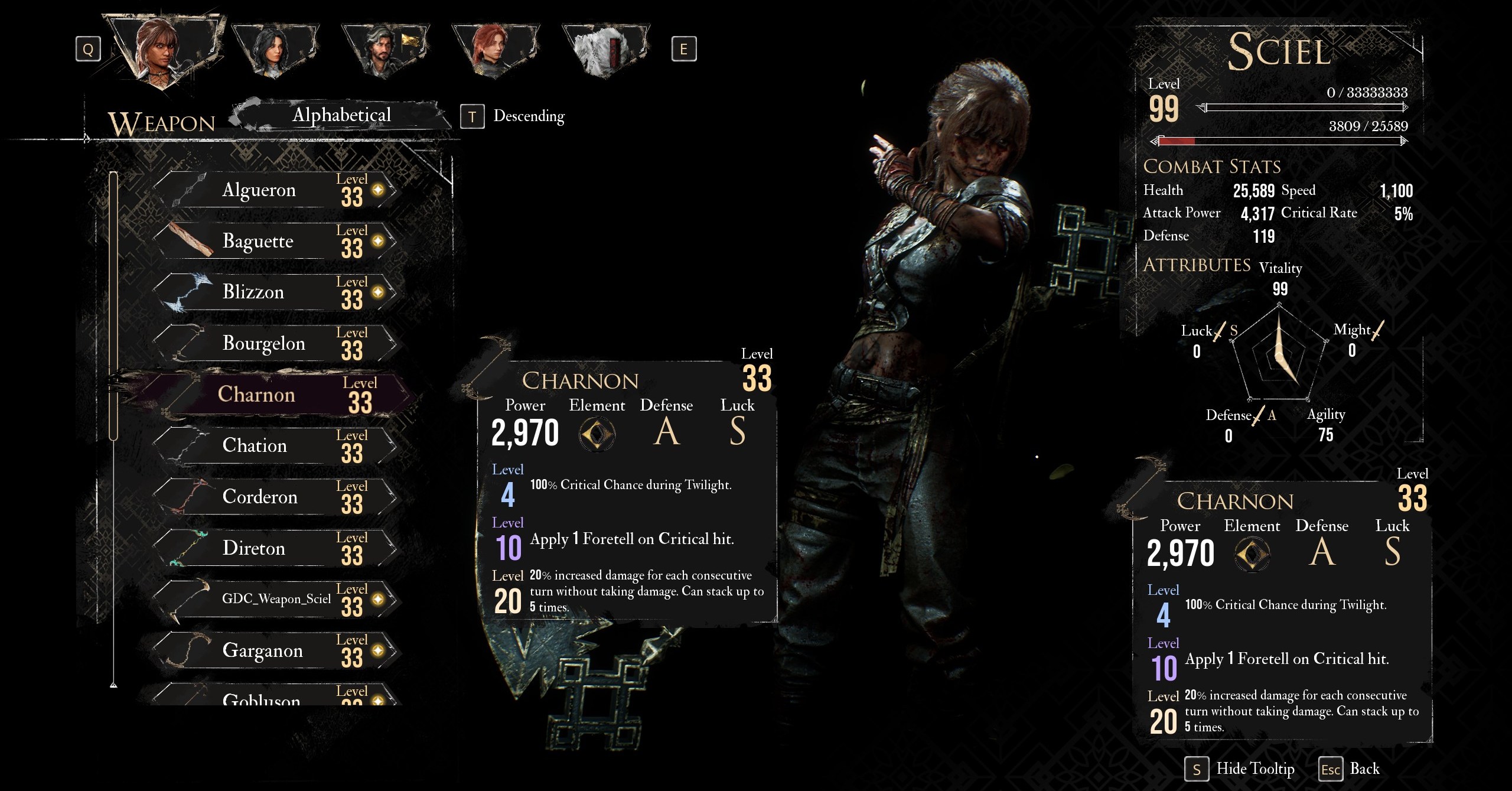 Um menu mostra a melhor arma para a melhor construção de Sciel na Expedição Clair Obscur 33 Um menu mostra a melhor arma para a melhor construção de Sciel na Expedição Clair Obscur 33