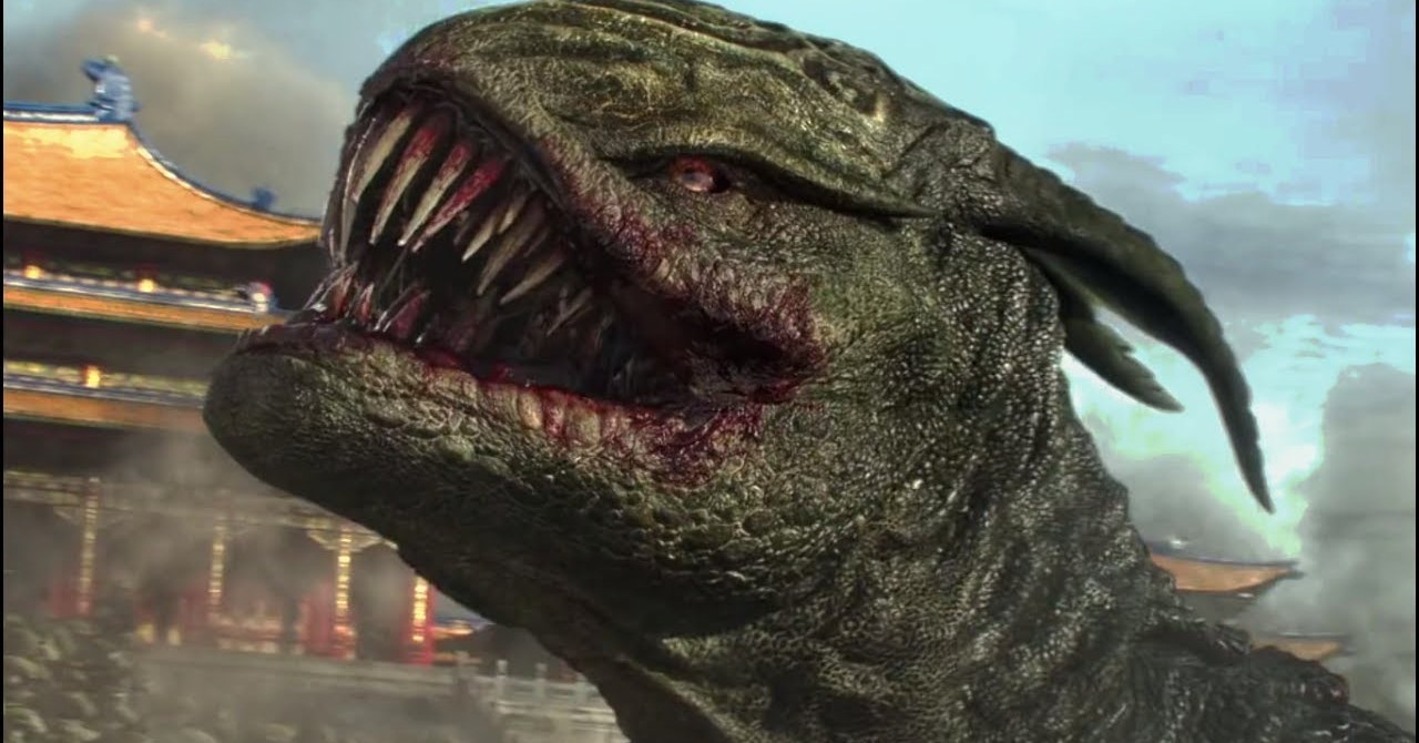 Monstro verde barrando seus dentes ensopados de sangue