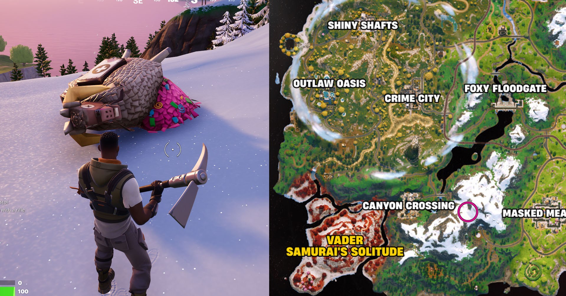 Uma montagem com duas capturas de tela Fortnite. No lado direito, você vê um mapa apontando para a região de Crossing do Canyon, onde encontrará um esconderijo. No lado esquerdo, um personagem de frente para uma piñata. Uma montagem com duas capturas de tela Fortnite. No lado direito, você vê um mapa apontando para a região de Crossing do Canyon, onde encontrará um esconderijo. No lado esquerdo, um personagem de frente para uma piñata.