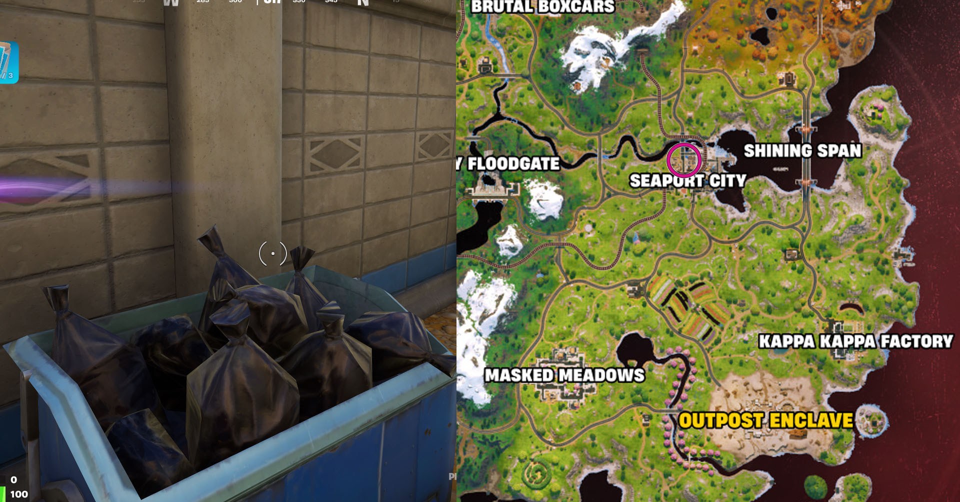 Uma montagem de duas capturas de tela Fortnite mostrando um mapa no lado direito e uma lixeira, que é um esconderijo, no lado esquerdo. Uma montagem de duas capturas de tela Fortnite mostrando um mapa no lado direito e uma lixeira, que é um esconderijo, no lado esquerdo.