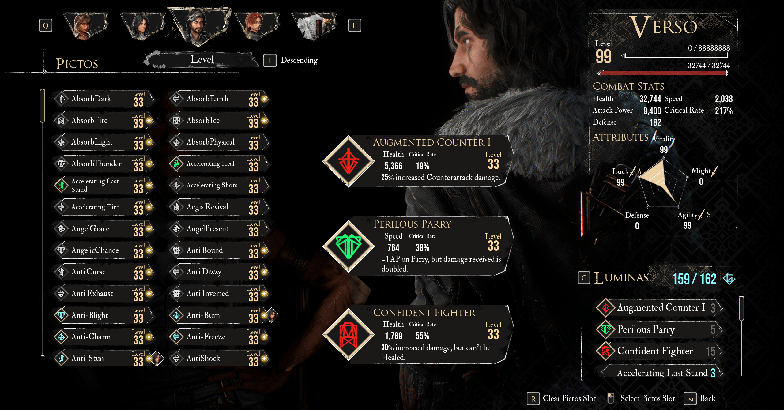 Um menu mostra os melhores pictos e luminas para verso na melhor construção do verso na expedição Clair obscur 33