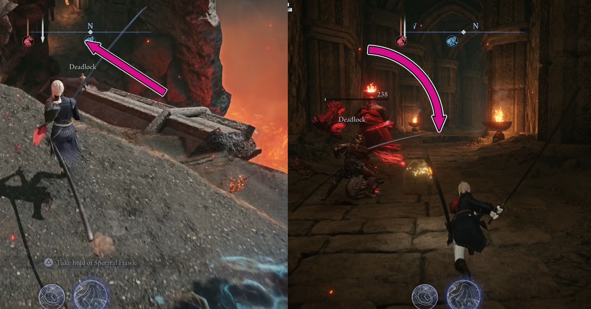 Uma montagem usando duas capturas de tela de Elden Ring Nightreign mostrando o primeiro segmento do caminho que leva à mesa especial de Smithing. Uma montagem usando duas capturas de tela de Elden Ring Nightreign mostrando o primeiro segmento do caminho que leva à mesa especial de Smithing.