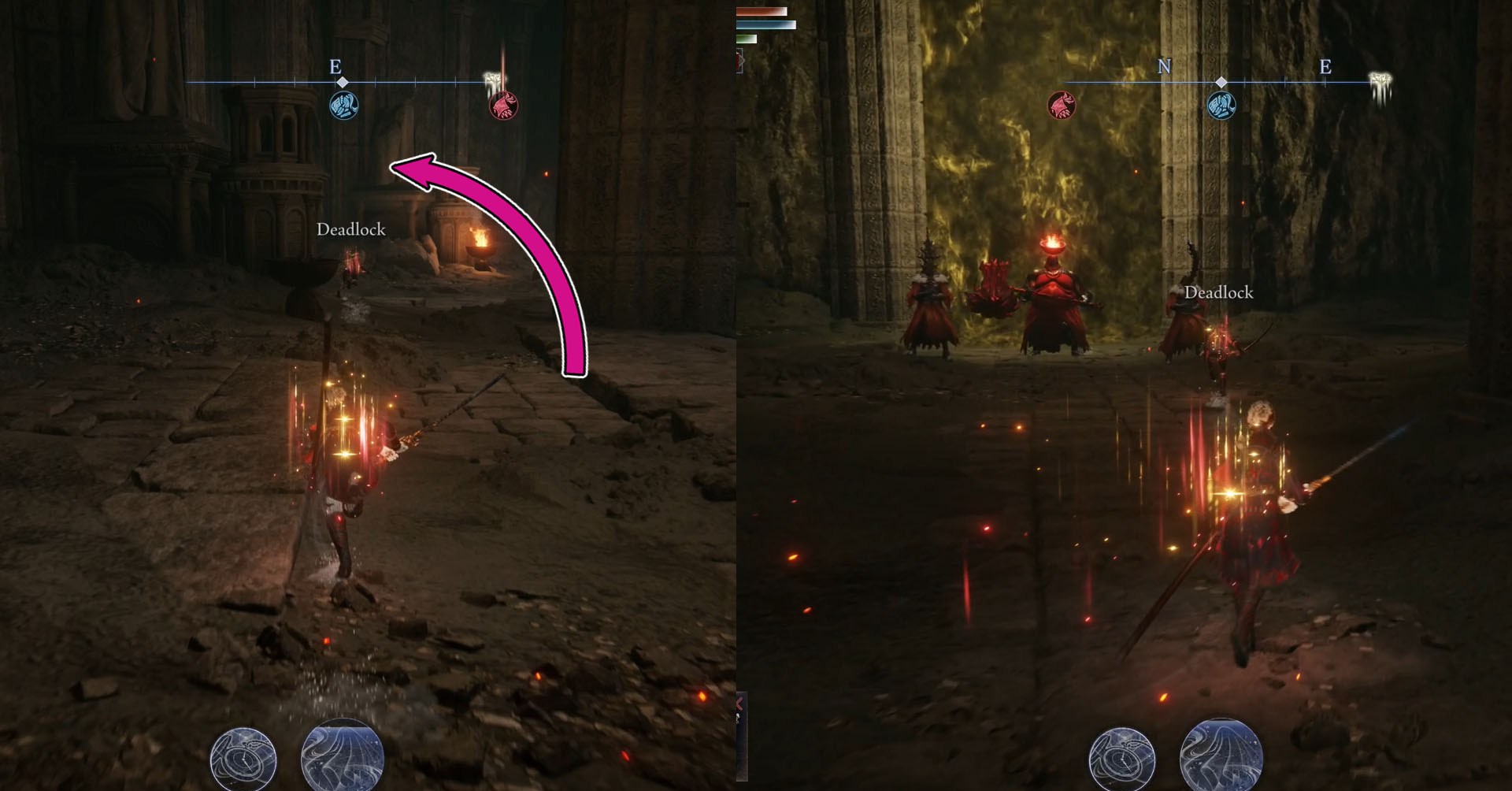 Uma montagem usando duas capturas de tela de Elden Ring Nightreign. No lado esquerdo, você vê um corredor e uma seta rosa, indicando que você deve virar à esquerda. No lado direito da imagem, você vê três inimigos em frente a uma porta bloqueada. Uma montagem usando duas capturas de tela de Elden Ring Nightreign. No lado esquerdo, você vê um corredor e uma seta rosa, indicando que você deve virar à esquerda. No lado direito da imagem, você vê três inimigos em frente a uma porta bloqueada.