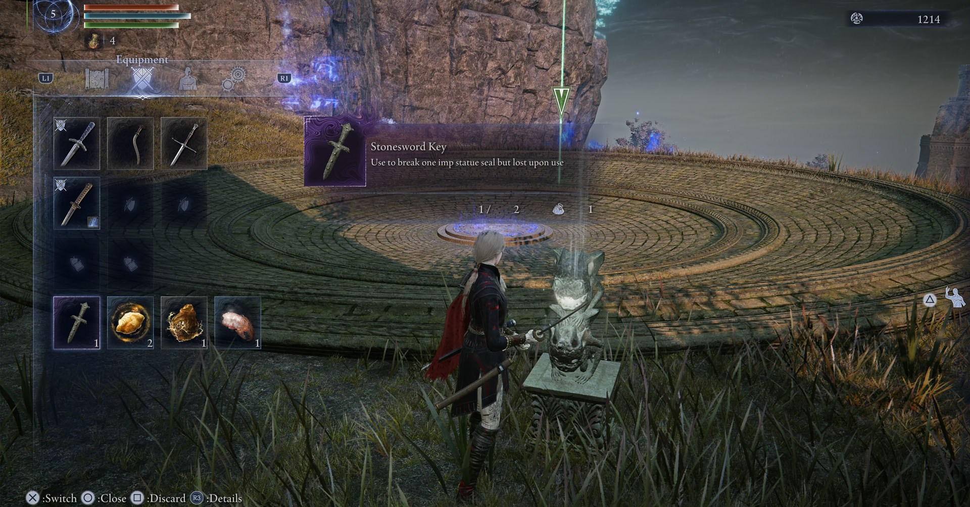 Uma captura de tela de Elden Ring Nightreign mostrando como usar uma chave de stonesword na estátua do IMP. Uma captura de tela de Elden Ring Nightreign mostrando como usar uma chave de stonesword na estátua do IMP.