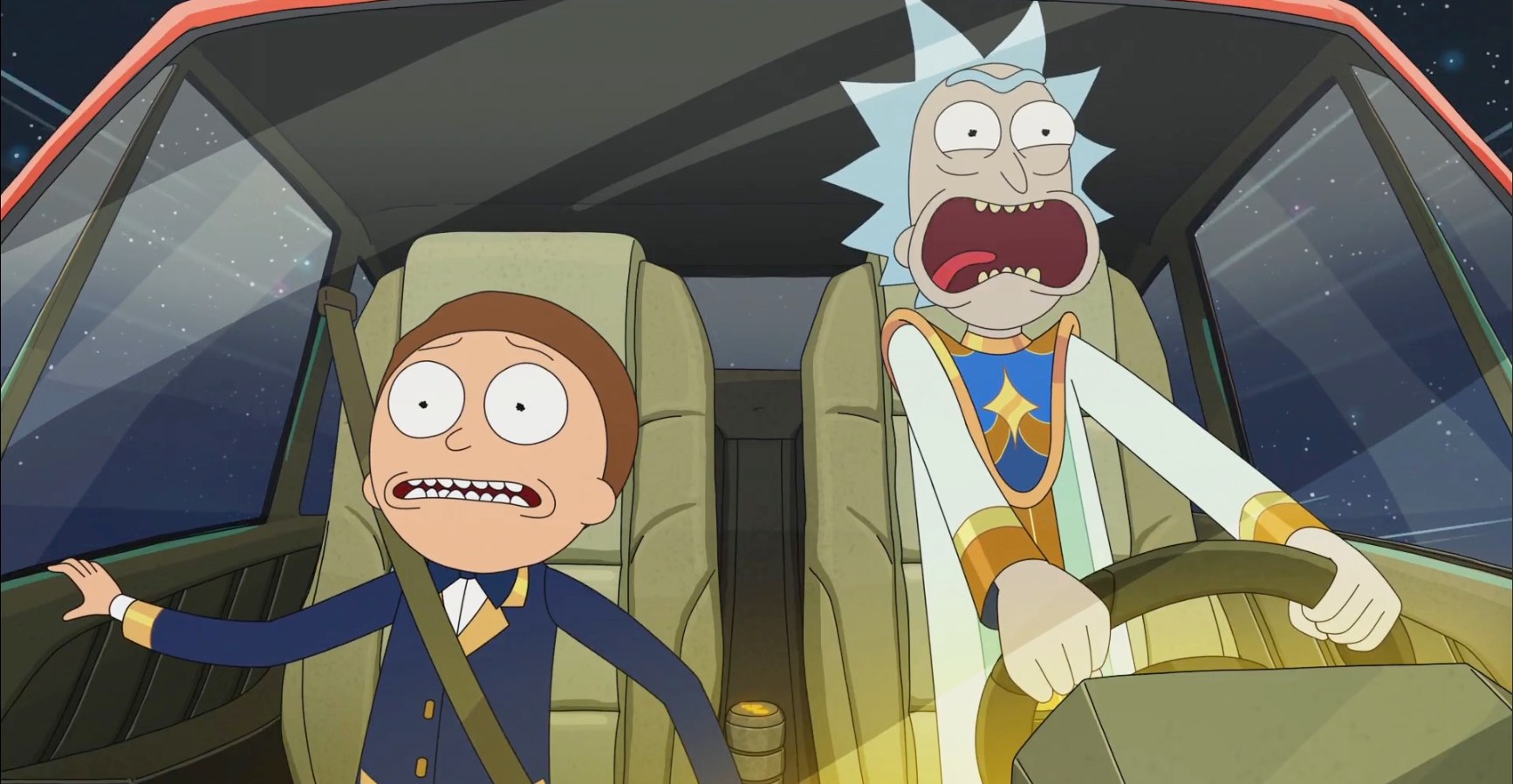 Morty e Rick gritam em um carro voador na 8ª temporada