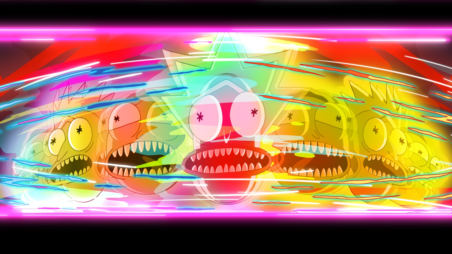 Rick e Morty estão manchados na tela em um flash de cor e faces borradas e repetidas na 8ª temporada