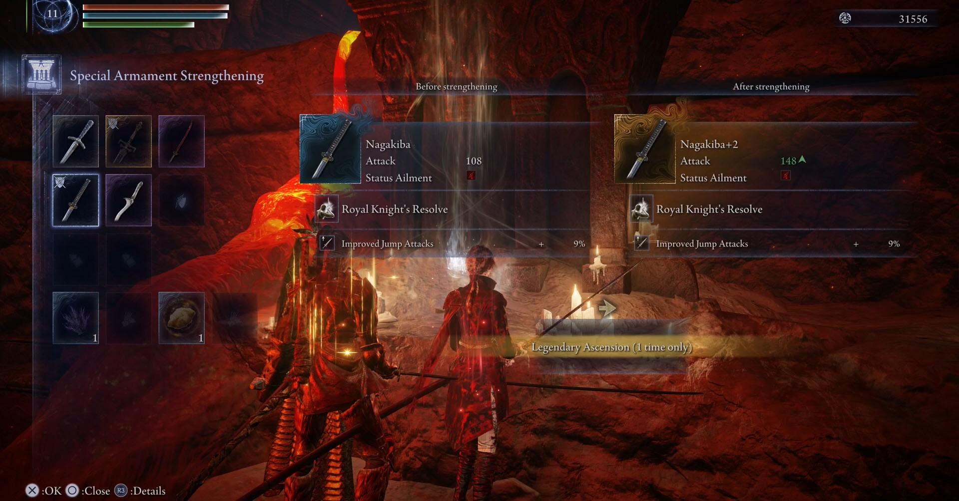 Uma captura de tela de Elden Ring Nightreign mostrando o menu de fortalecimento especial de armamento Uma captura de tela de Elden Ring Nightreign mostrando o menu de fortalecimento especial de armamento