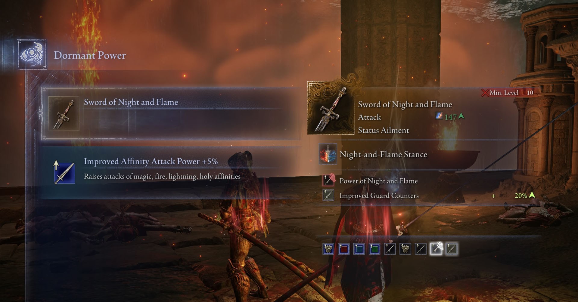 Uma captura de tela de Elden Ring Nightreign mostrando a descrição da lendária espada de arma da noite e chama. Uma captura de tela de Elden Ring Nightreign mostrando a descrição da lendária espada de arma da noite e chama.