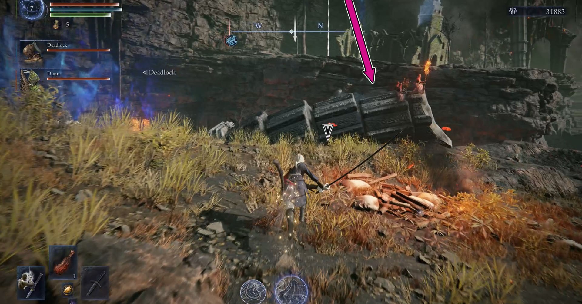 Uma captura de tela de Elden Ring Nightreign mostrando o personagem duquesa caminhando em direção a um grupo de inimigos. Uma captura de tela de Elden Ring Nightreign mostrando o personagem duquesa caminhando em direção a um grupo de inimigos.