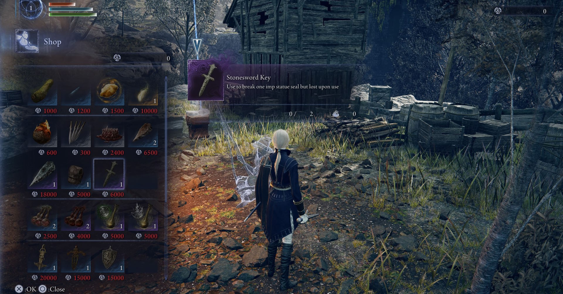 Uma captura de tela de Elden Ring Nightreign mostrando os itens que um comerciante está vendendo e o preço de uma chave de stonesword Uma captura de tela de Elden Ring Nightreign mostrando os itens que um comerciante está vendendo e o preço de uma chave de stonesword