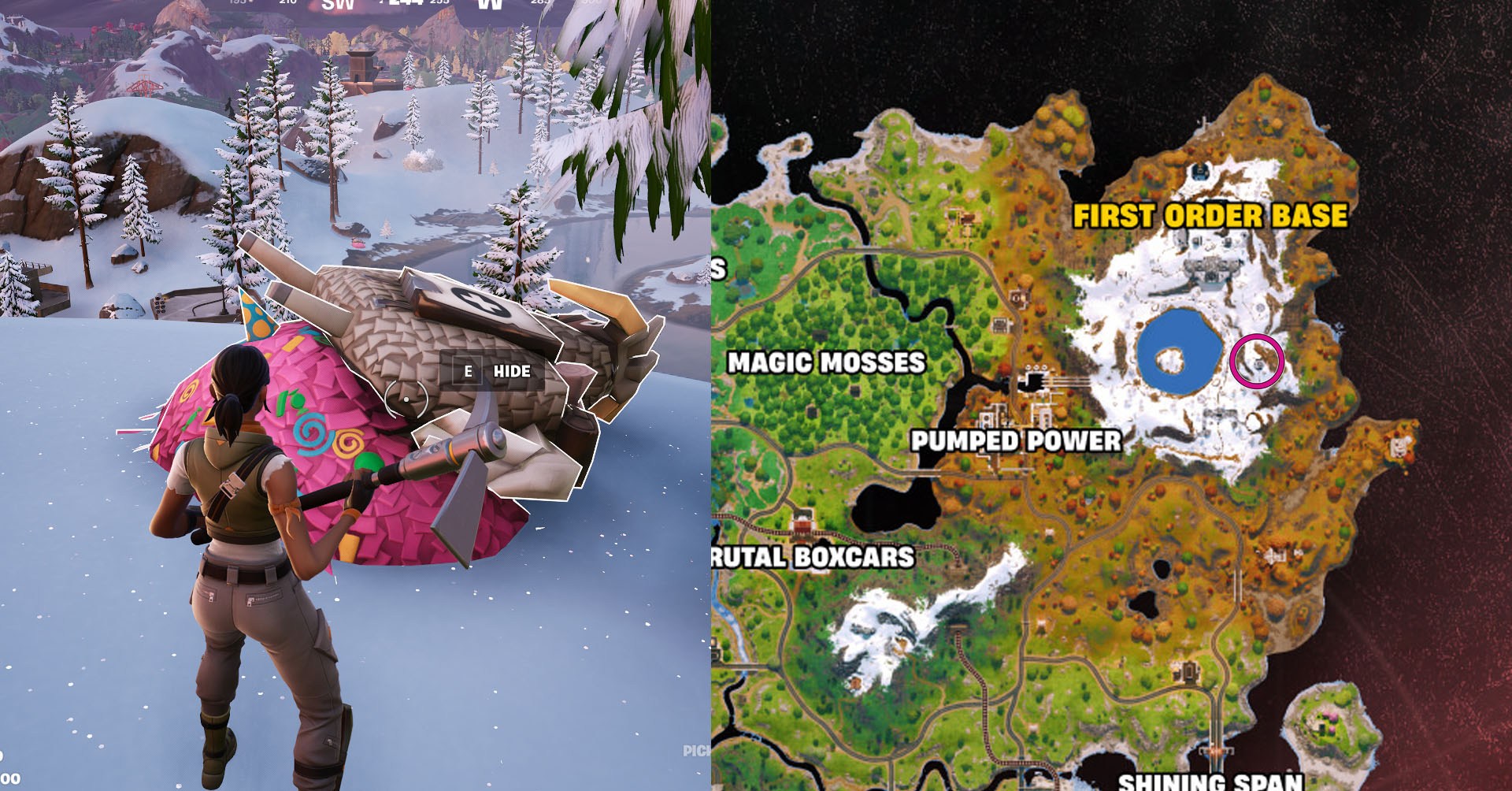 Uma montagem de duas capturas de tela Fortnite mostrando um mapa no lado direito e um personagem voltado para uma piñata no lado esquerdo. Uma montagem de duas capturas de tela Fortnite mostrando um mapa no lado direito e um personagem voltado para uma piñata no lado esquerdo.