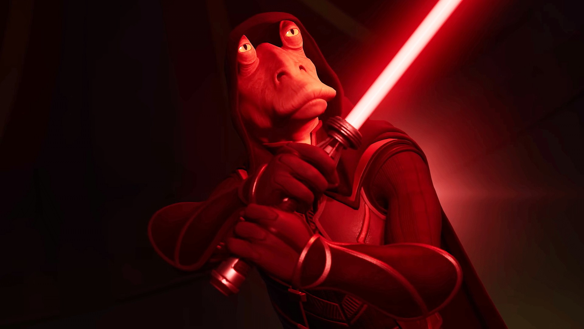 Darth Jar empunha um sabre de luz vermelha em Fortnite
