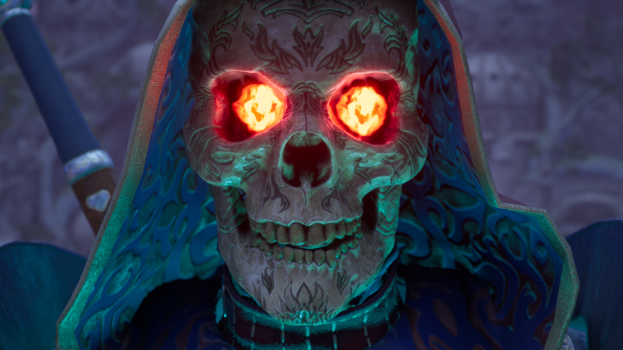 Um esqueleto de declarado com olhos vermelhos brilhantes