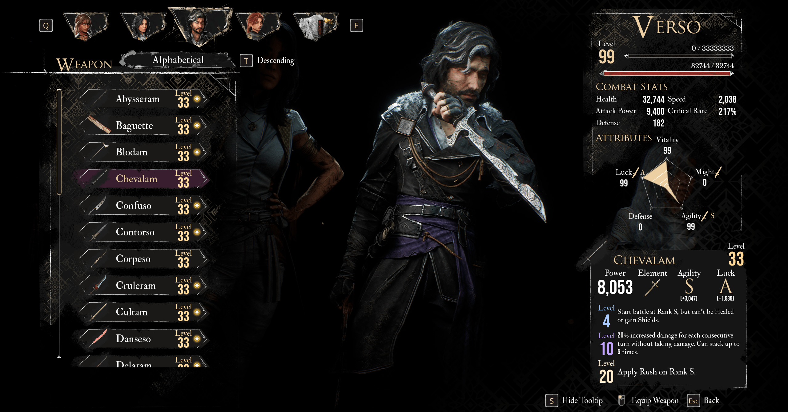 Um menu mostra a melhor arma para verso na melhor construção do verso na expedição Clair obscur 33