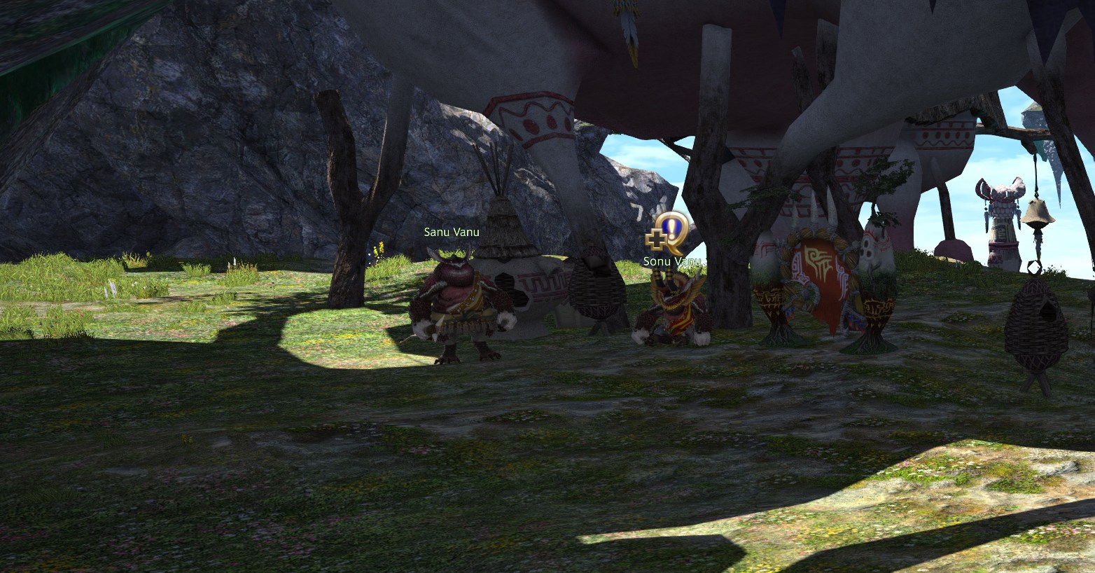 Dois Vanu Vanu sentam -se em uma área sombria em FFXIV