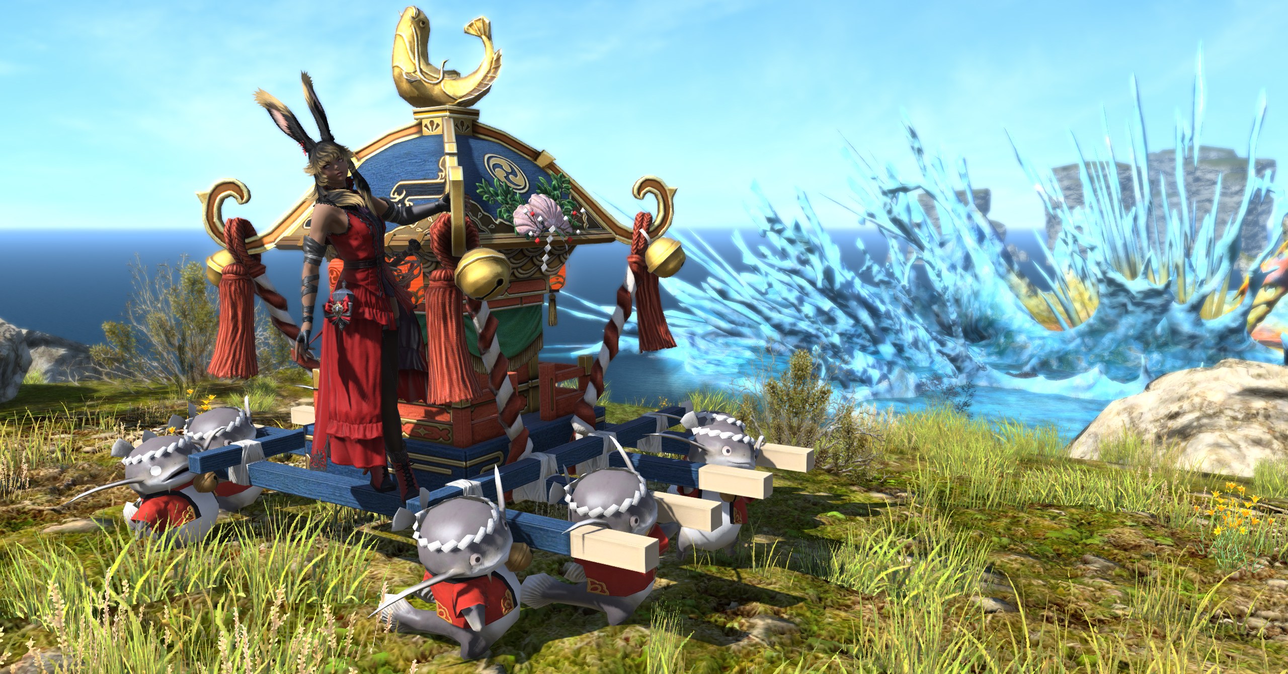 Uma Viera monta um palanquim transportado por Namazu em FFXIV