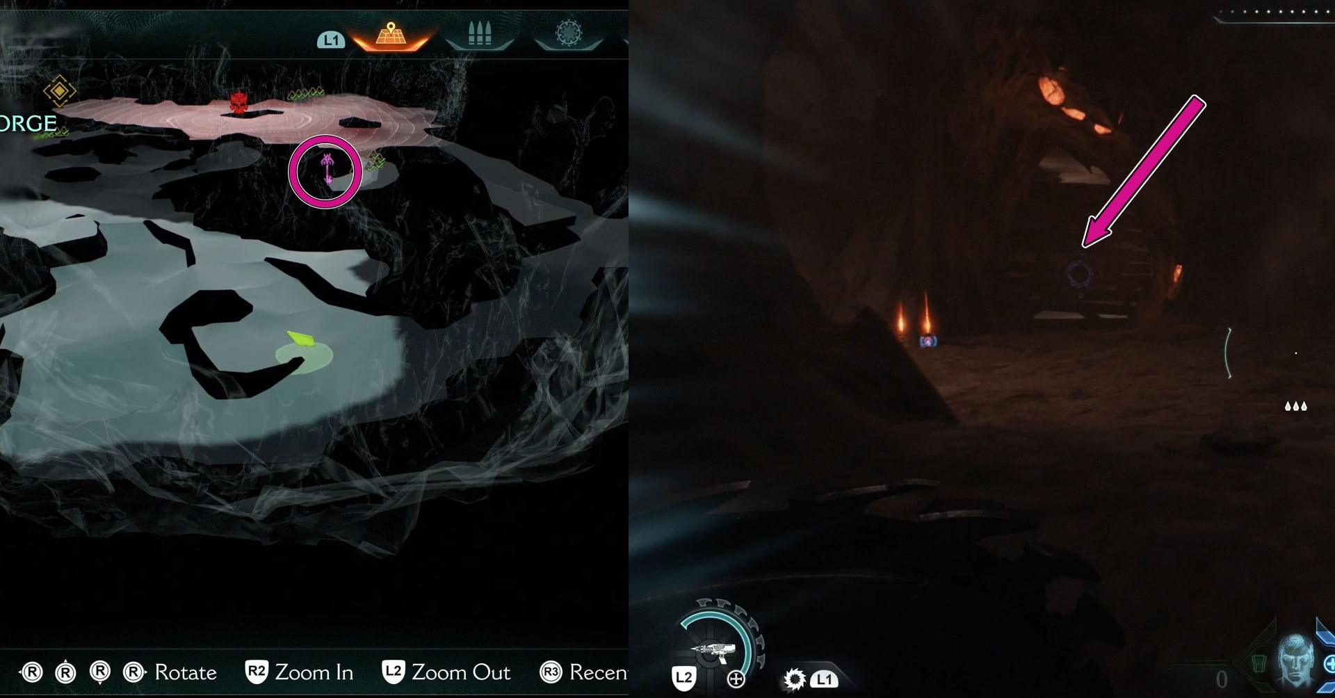 A imagem mostra parte de Doom: o mapa do capítulo 9 da Idade das Darks com um círculo rosa mostrando onde a chave roxa está localizada. Ao lado, há uma foto de onde a parede quebrável. Os jogadores devem passar por isso para encontrar a chave.