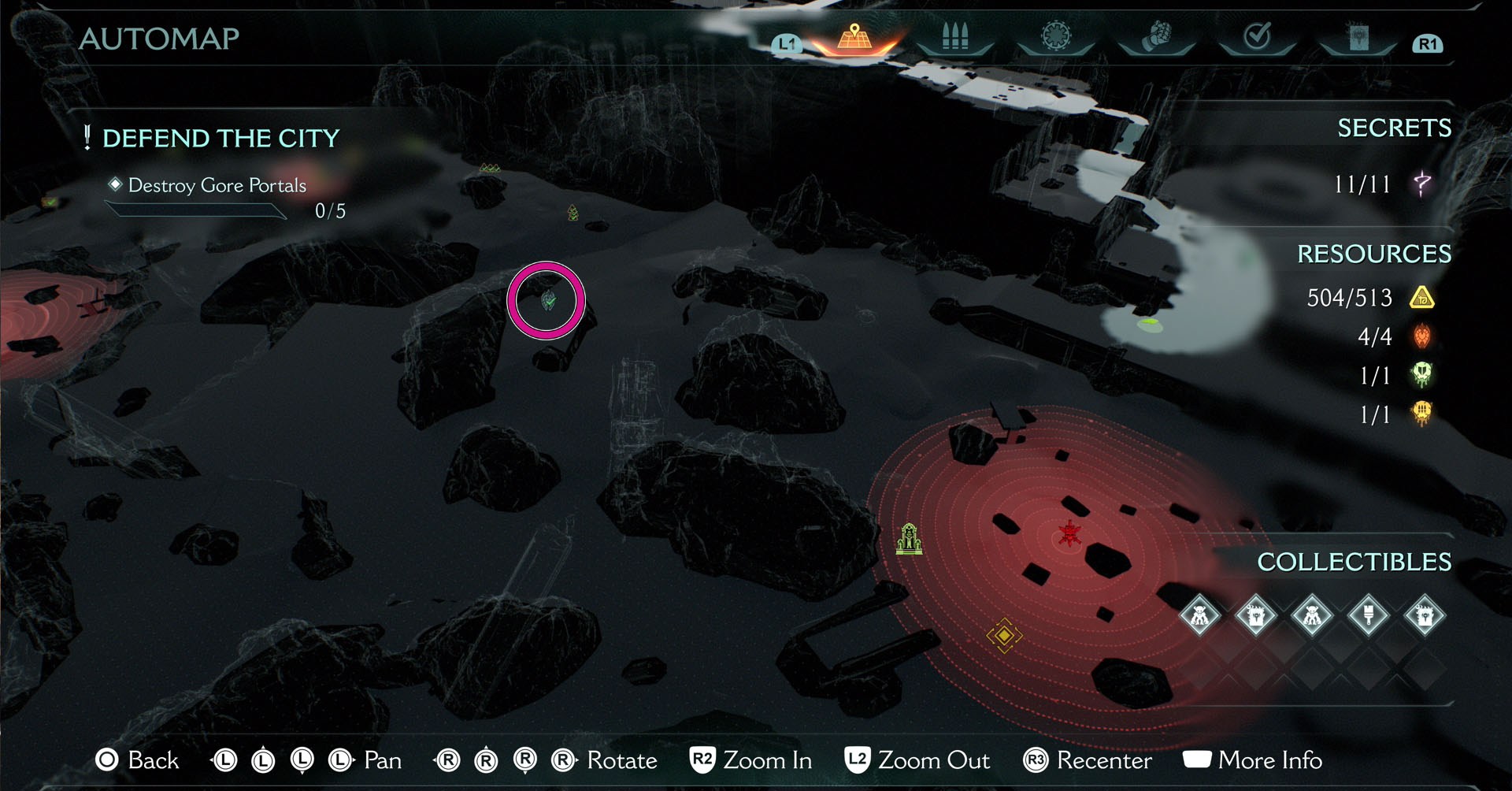 Um mapa mostrando a localização do rubi que você adquire, quebrando três estátuas de lobo em Doom: The Dark IGES CAPÍTULO 6.