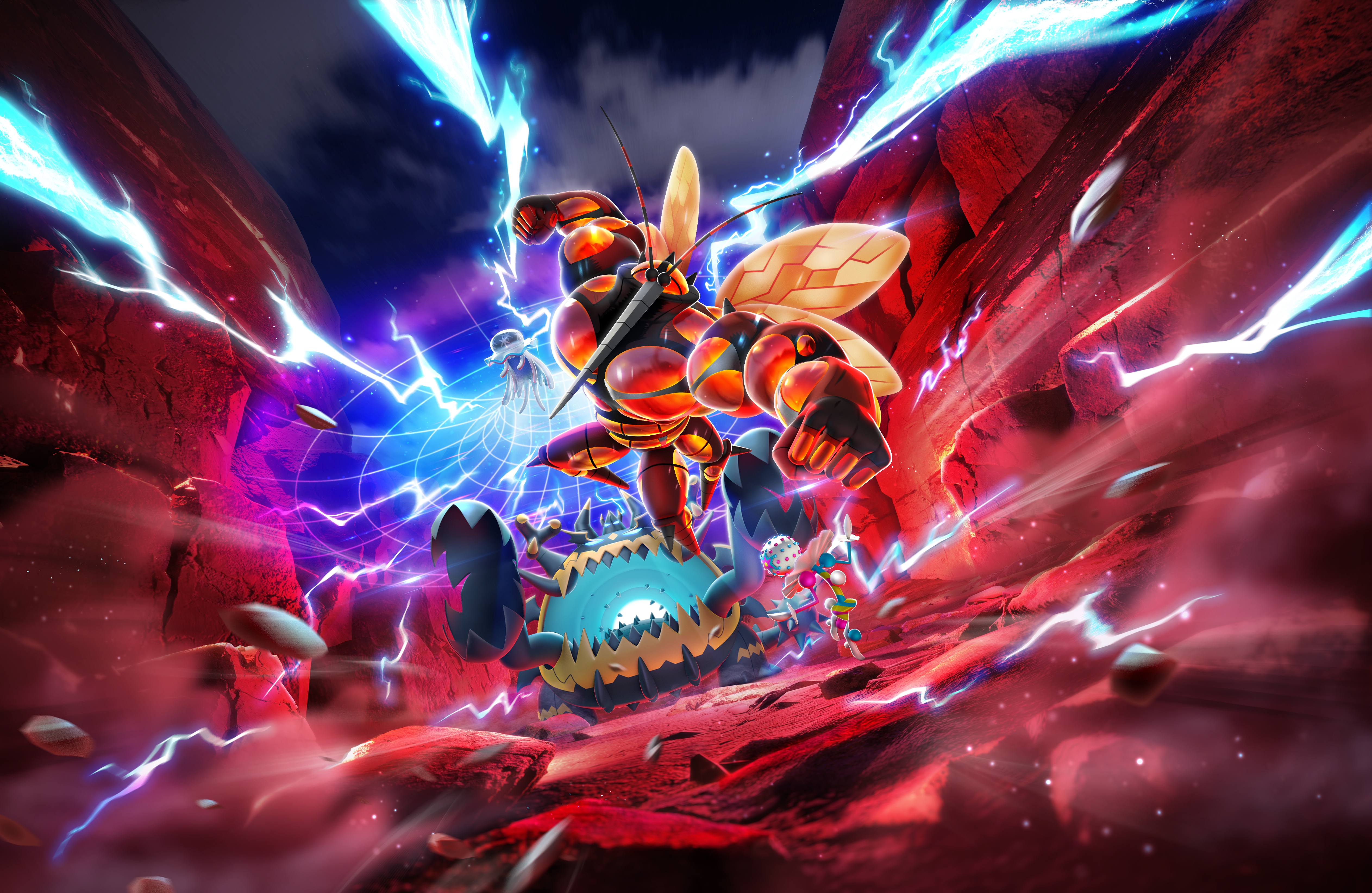 Pokemon TCG Pocket Extradimensional Crisis Key Art com Ultra Beasts pulando de uma tempestade de raios vermelhos