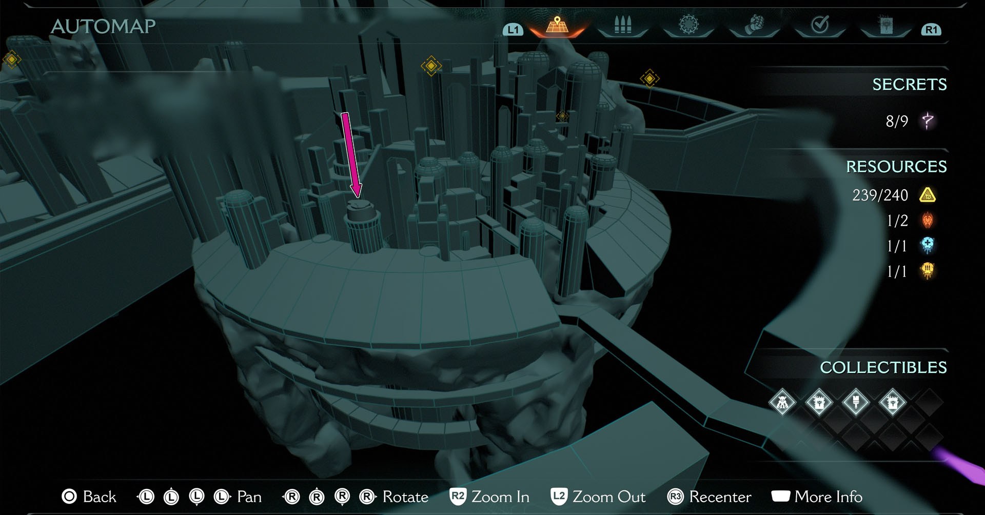 A imagem mostra uma representação da cidade sagrada de Aratum em 3D. É um mapa e uma seta rosa marca uma torre no lado esquerdo, onde está localizado o primeiro ponto de pouso secreto. A imagem mostra uma representação da cidade sagrada de Aratum em 3D. É um mapa e uma seta rosa marca uma torre no lado esquerdo, onde está localizado o primeiro ponto de pouso secreto.