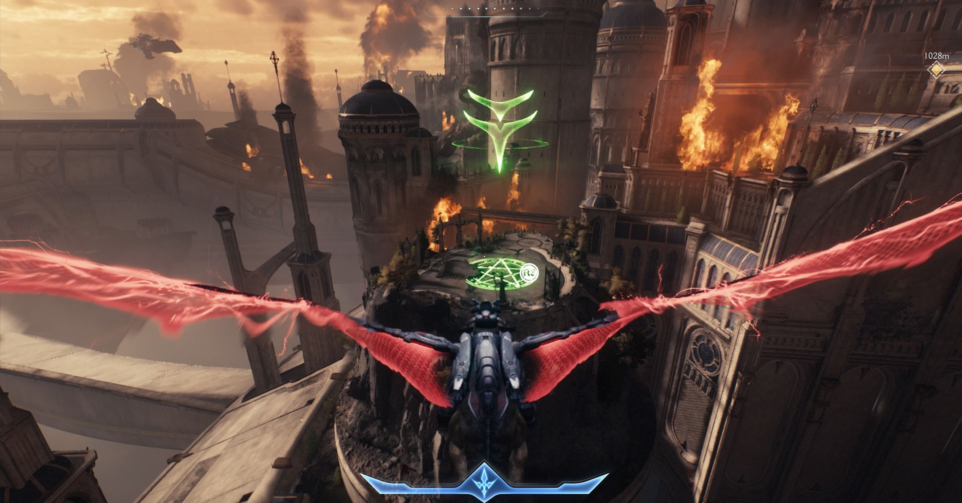 Uma captura de tela de Doom: a idade das trevas mostrando um ponto de pouso marcado por uma flecha verde e o personagem principal pairando na frente dele na parte de trás um dragão. Uma captura de tela de Doom: a idade das trevas mostrando um ponto de pouso marcado por uma flecha verde e o personagem principal pairando na frente dele na parte de trás um dragão.