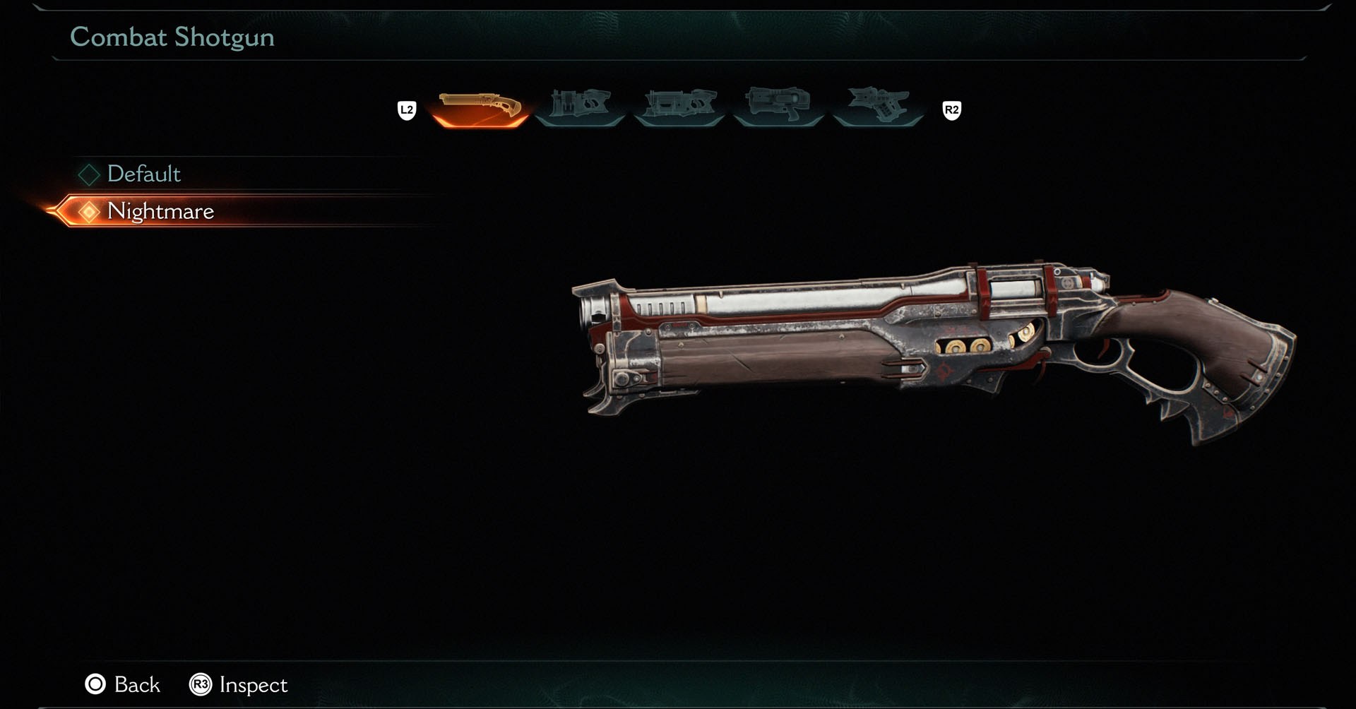 A skin Pesadelo para a Espingarda de Combate, que tem alguns detalhes em vermelho e marrom em Doom: The Dark Ages A skin Pesadelo para a Espingarda de Combate, que tem alguns detalhes em vermelho e marrom em Doom: The Dark Ages