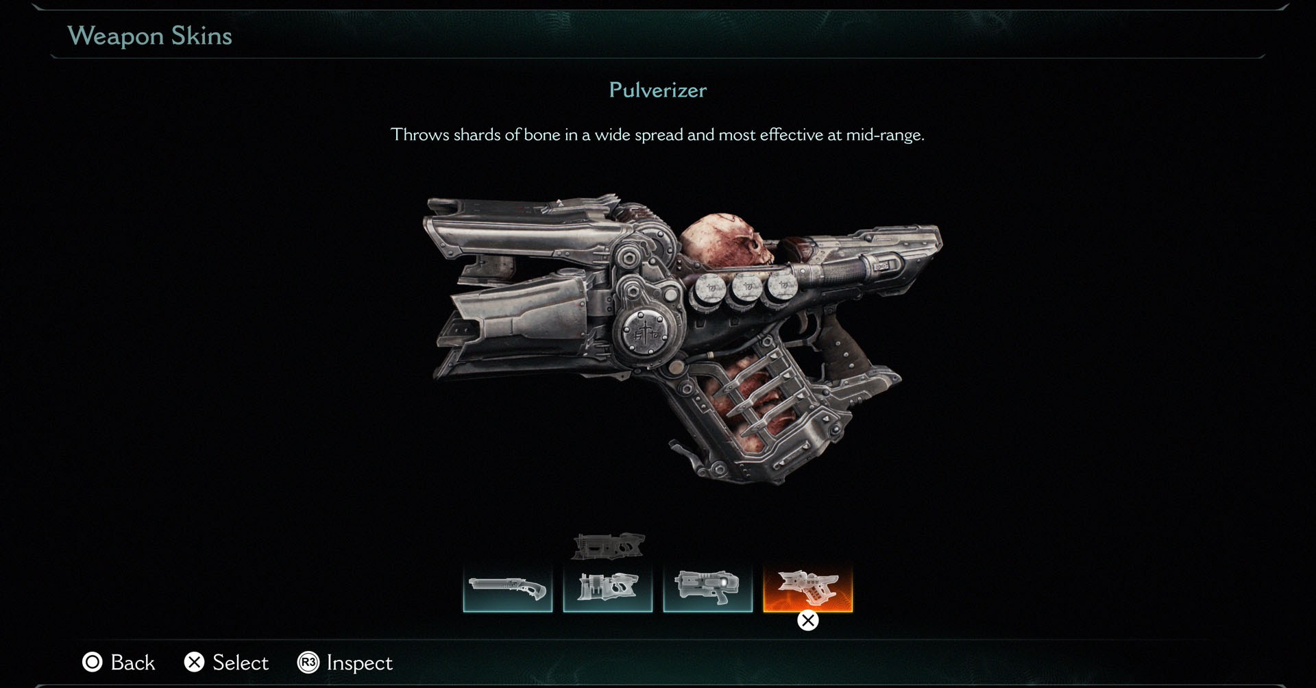Uma tela mostrando a versão básica do Pulverizador, uma das armas disponíveis em Doom: The Dark Ages. Ela tem uma caveira em um compartimento onde os ossos são esmagados para serem usados como munição. Uma tela mostrando a versão básica do Pulverizador, uma das armas disponíveis em Doom: The Dark Ages. Ela tem uma caveira em um compartimento onde os ossos são esmagados para serem usados como munição.