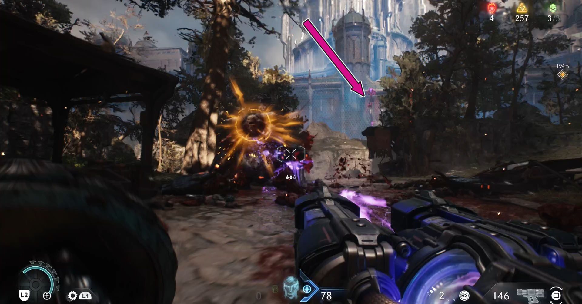 Uma captura de tela de Doom: The Dark Ages mostrando o ícone flutuante de uma Chave Roxa no Capítulo 6. Uma captura de tela de Doom: The Dark Ages mostrando o ícone flutuante de uma Chave Roxa no Capítulo 6.