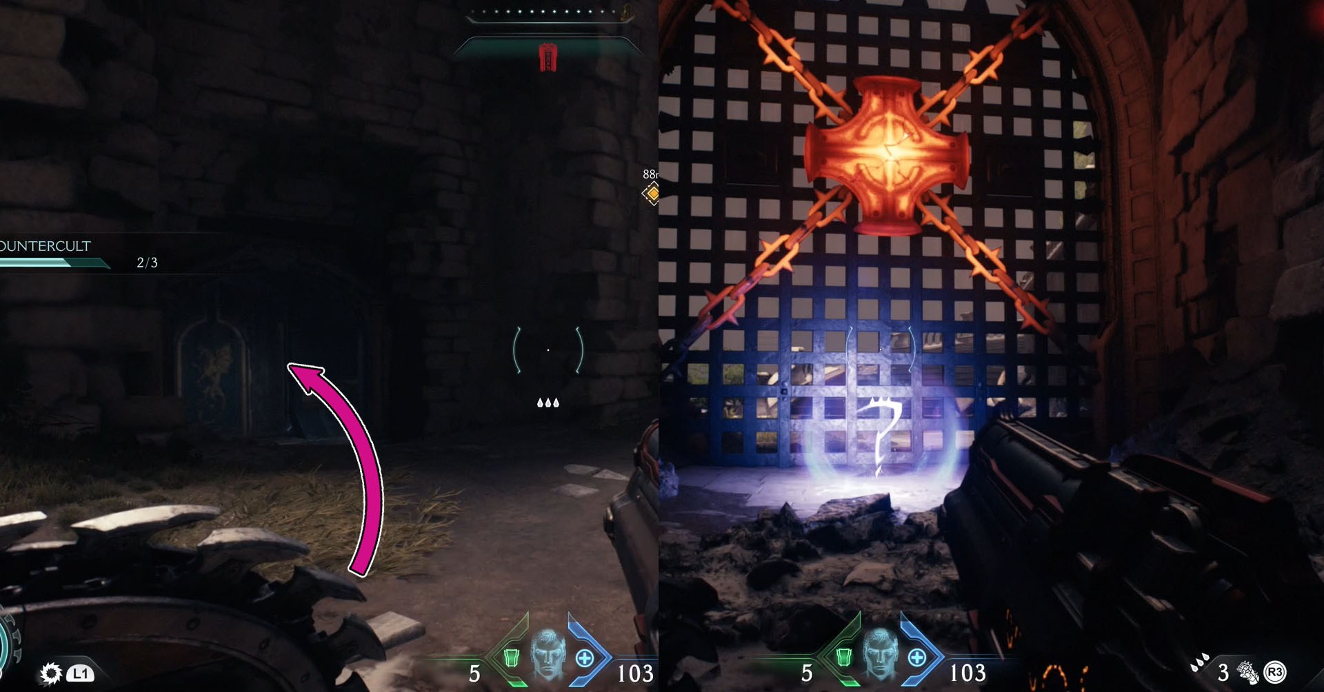 Uma montagem mostrando duas imagens. A primeira é a entrada para um corredor que leva até onde se encontra a Pele do Pesadelo do Pulverizor. A segunda é uma esfera brilhante com um ponto de interrogação dentro, em frente a um portão trancado. Uma montagem mostrando duas imagens. A primeira é a entrada para um corredor que leva até onde se encontra a Pele do Pesadelo do Pulverizor. A segunda é uma esfera brilhante com um ponto de interrogação dentro, em frente a um portão trancado.