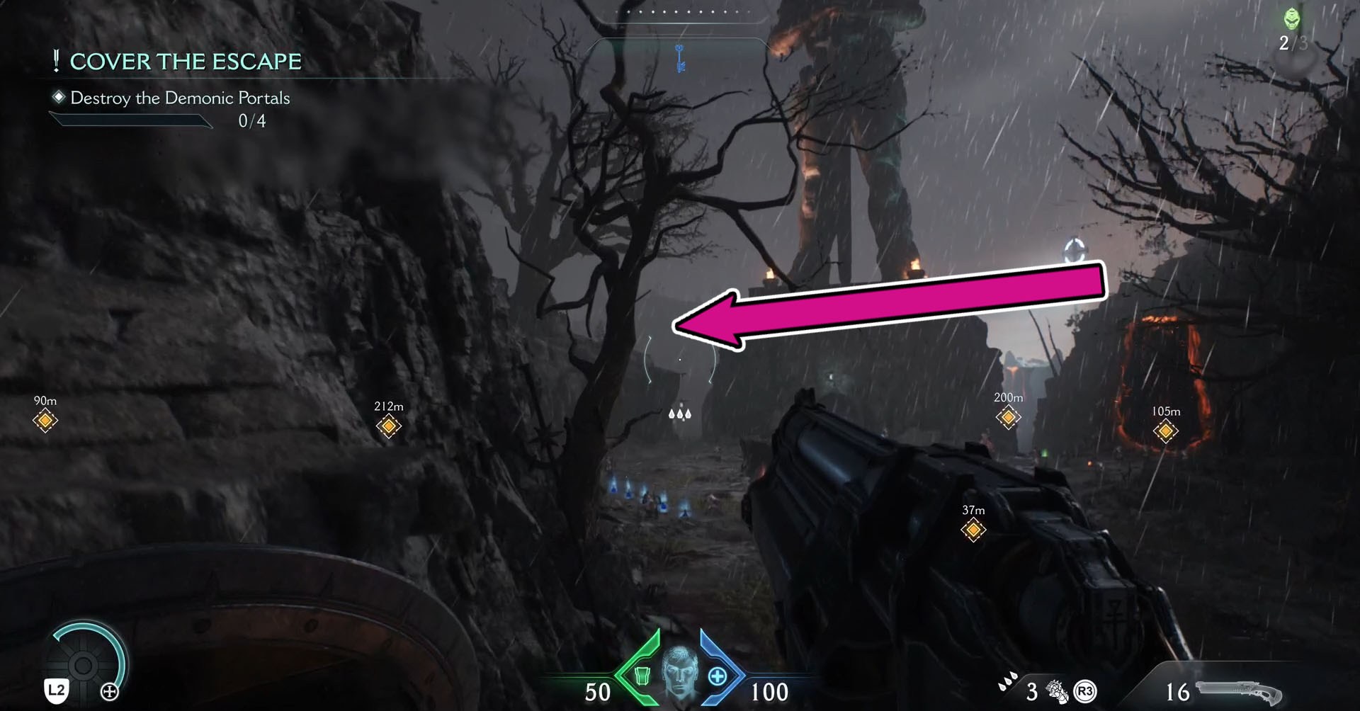 Há uma estátua gigante segurando uma espada no meio da tela, uma seta rosa apontando para a esquerda, direção que você deve seguir para encontrar a skin Combat Shotgun Nightmare em Doom: The Dark Ages. Há uma estátua gigante segurando uma espada no meio da tela, uma seta rosa apontando para a esquerda, direção que você deve seguir para encontrar a skin Combat Shotgun Nightmare em Doom: The Dark Ages.