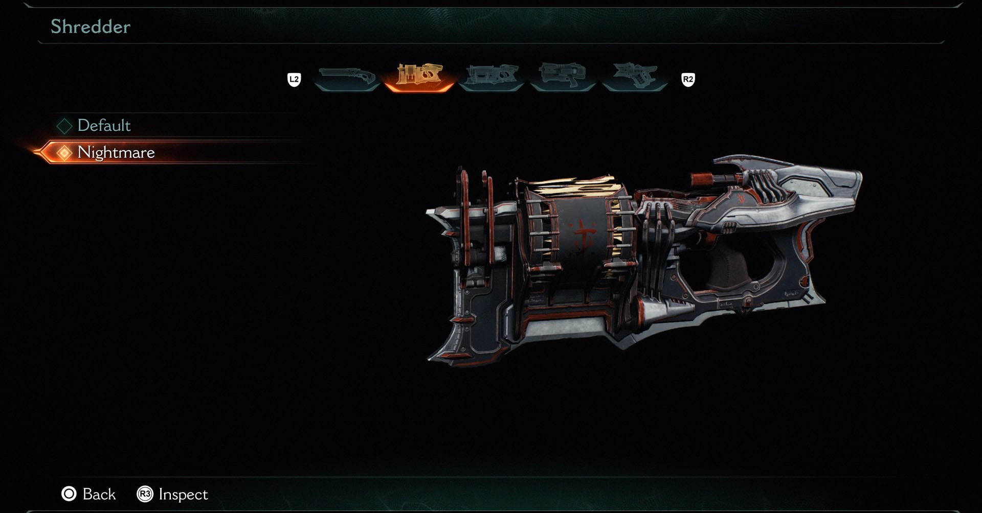 A skin Shredder Nightmare em Doom: The Dark Ages. Esta é uma arma semelhante a uma metralhadora, com detalhes e símbolos em vermelho. A maioria das peças é pintada em cinza escuro e cinza claro. A skin Shredder Nightmare em Doom: The Dark Ages. Esta é uma arma semelhante a uma metralhadora, com detalhes e símbolos em vermelho. A maioria das peças é pintada em cinza escuro e cinza claro.