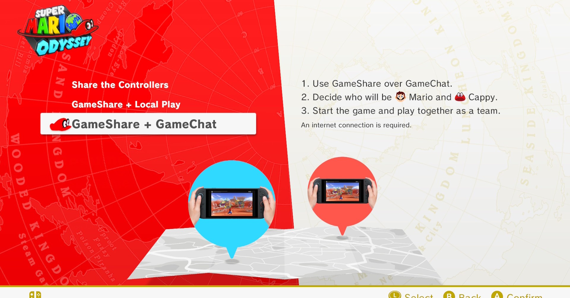 Menu multiplayer de Super Mario Odyssey com a opção GameChat destacada