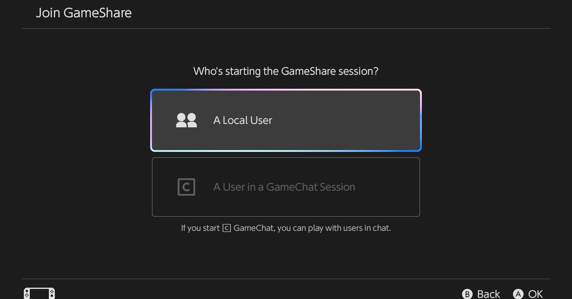 O menu inicial do GameShare, onde o host escolhe que tipo de sessão para criar