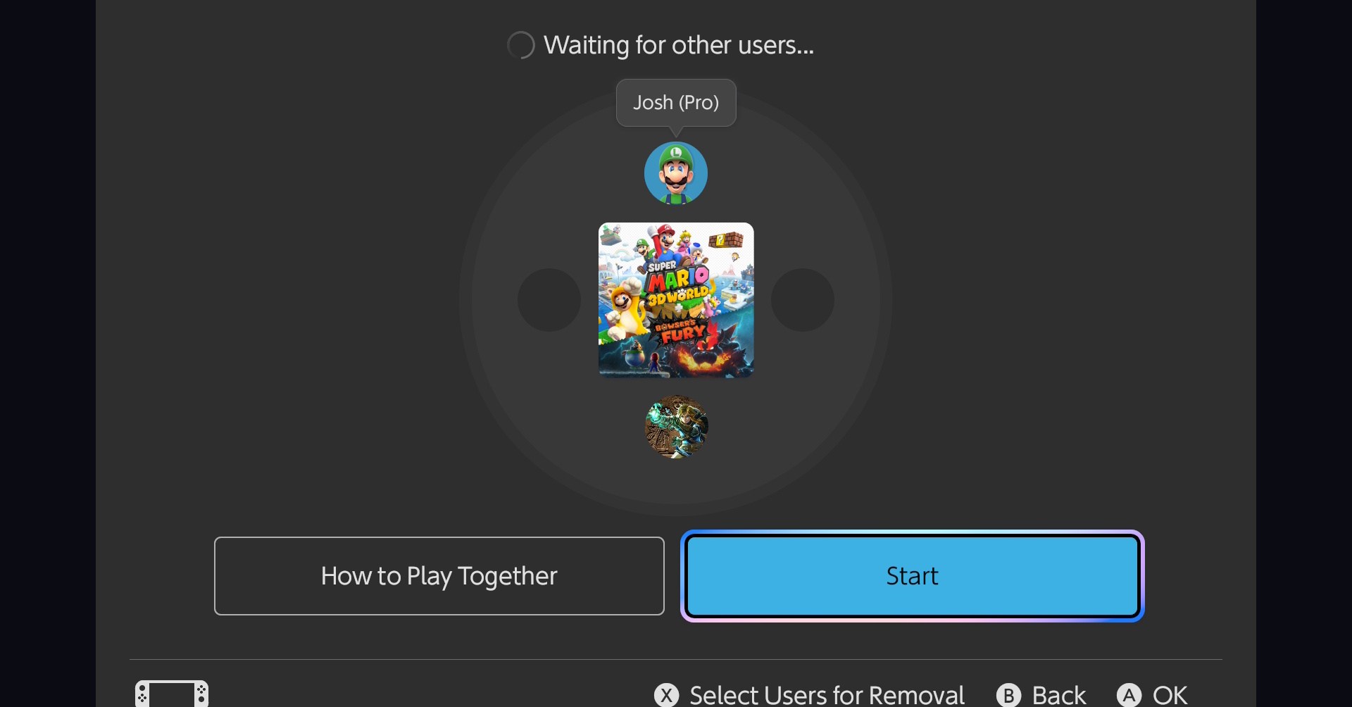 Um menu de compartilhamento de jogos em que o host está confirmando quem se juntará ao Super Mario 3D World