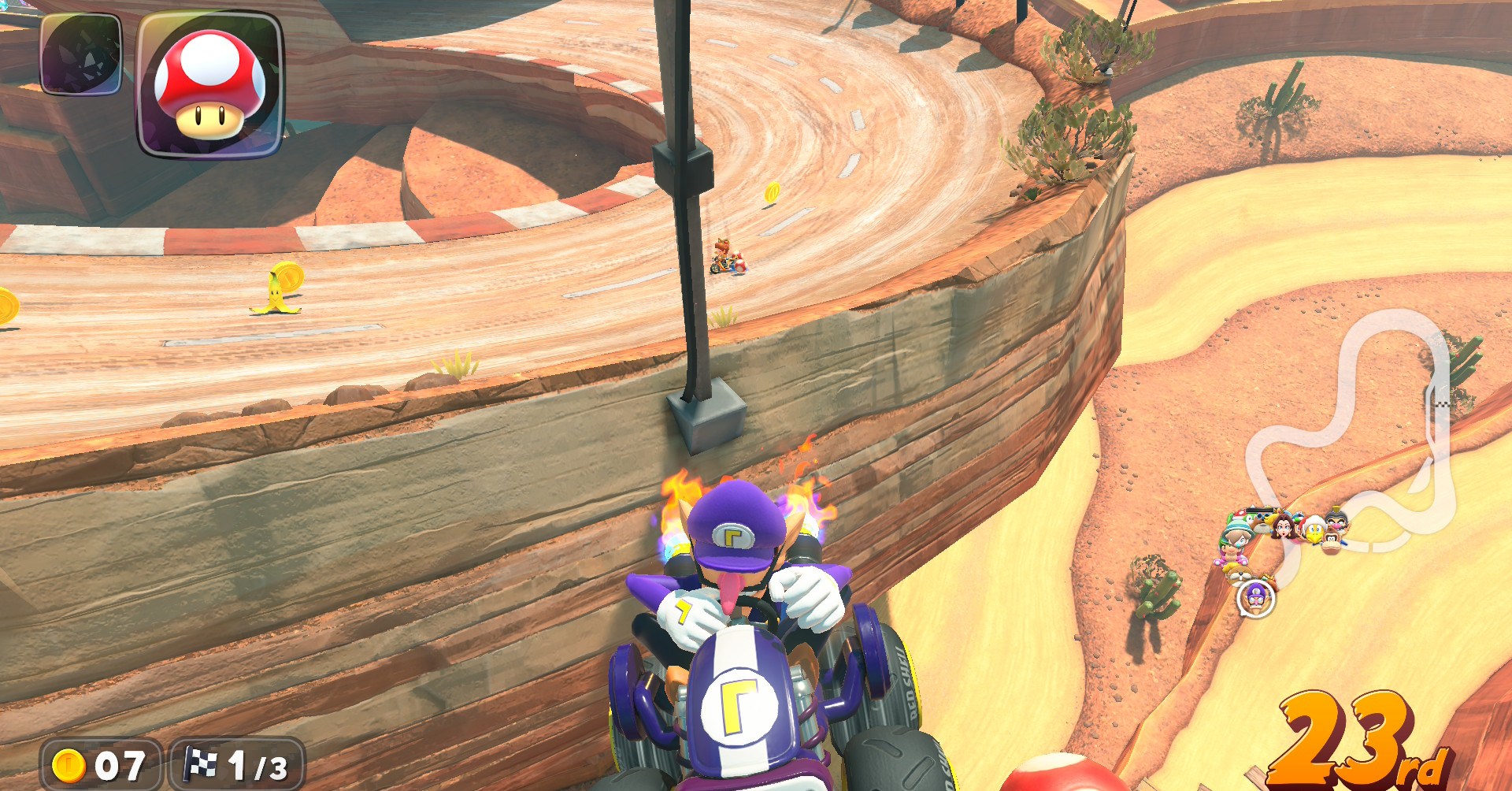 Waluigi dirigindo da beira de um penhasco em Mario Kart World